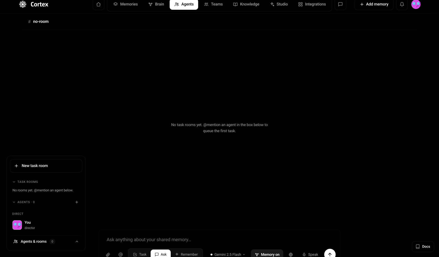 The Cortex agents screen with task rooms, an agent roster and a shared-memory input