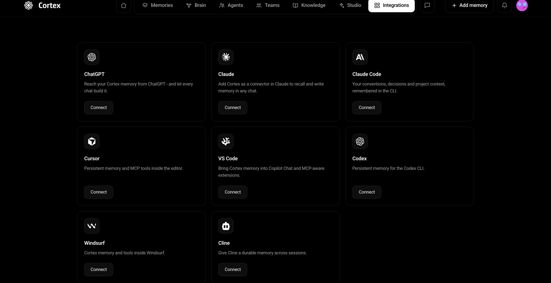The Cortex integrations screen showing connectors for ChatGPT, Claude, Claude Code, Cursor, VS Code, Codex, Windsurf and Cline