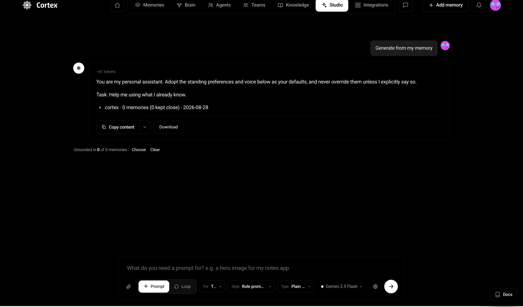 Cortex Studio generating a prompt from memory, showing token count, the grounding memory count, and Prompt or Loop mode