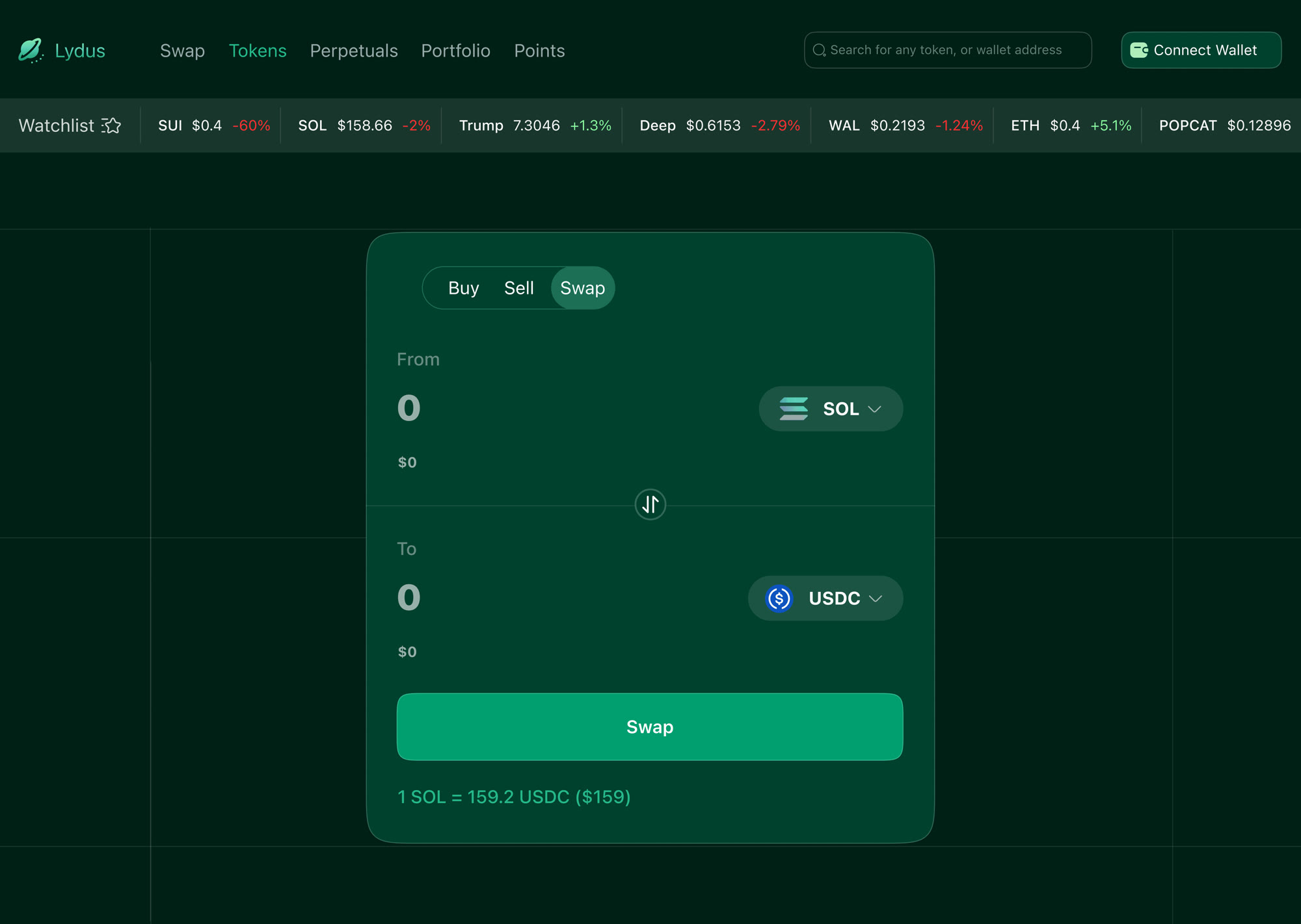 Lydus desktop web app with navigation, a watchlist ticker strip and the swap card