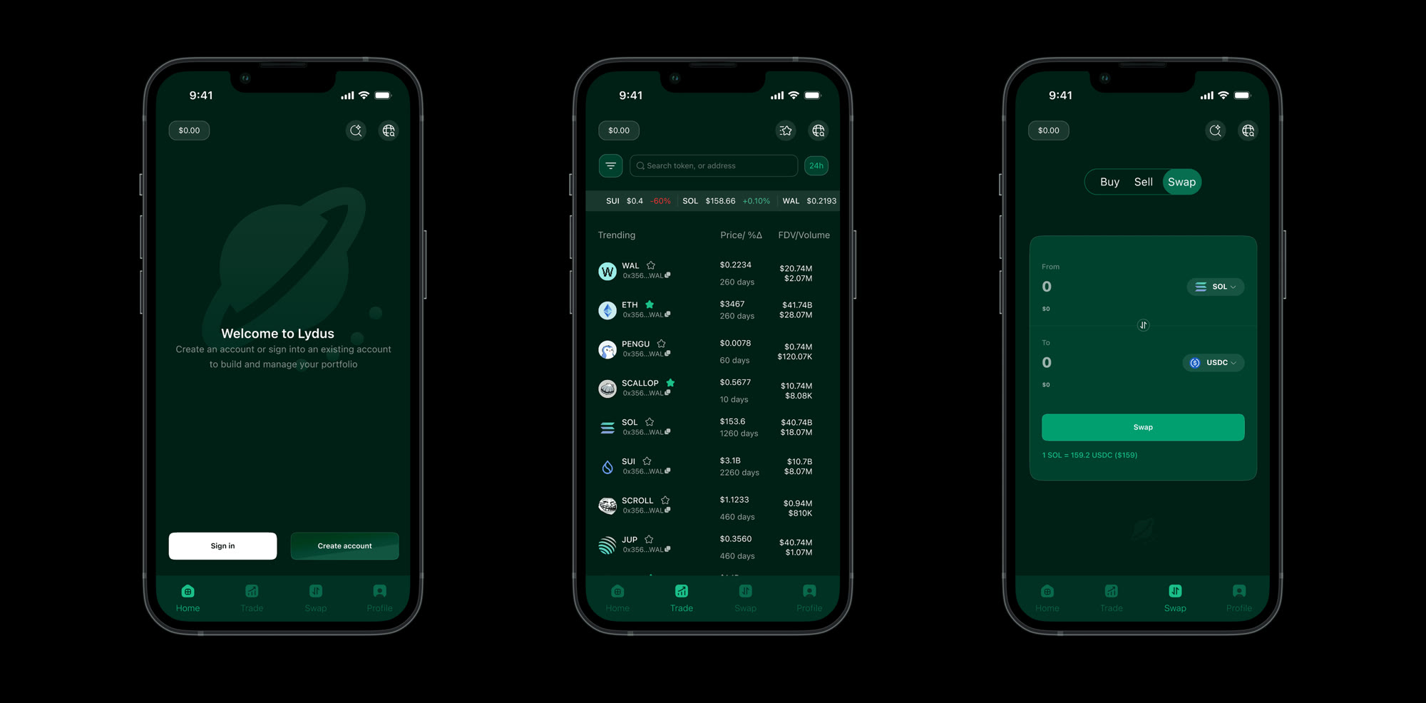 Three Lydus mobile screens: the welcome screen, a trending token list with prices and FDV, and the swap interface