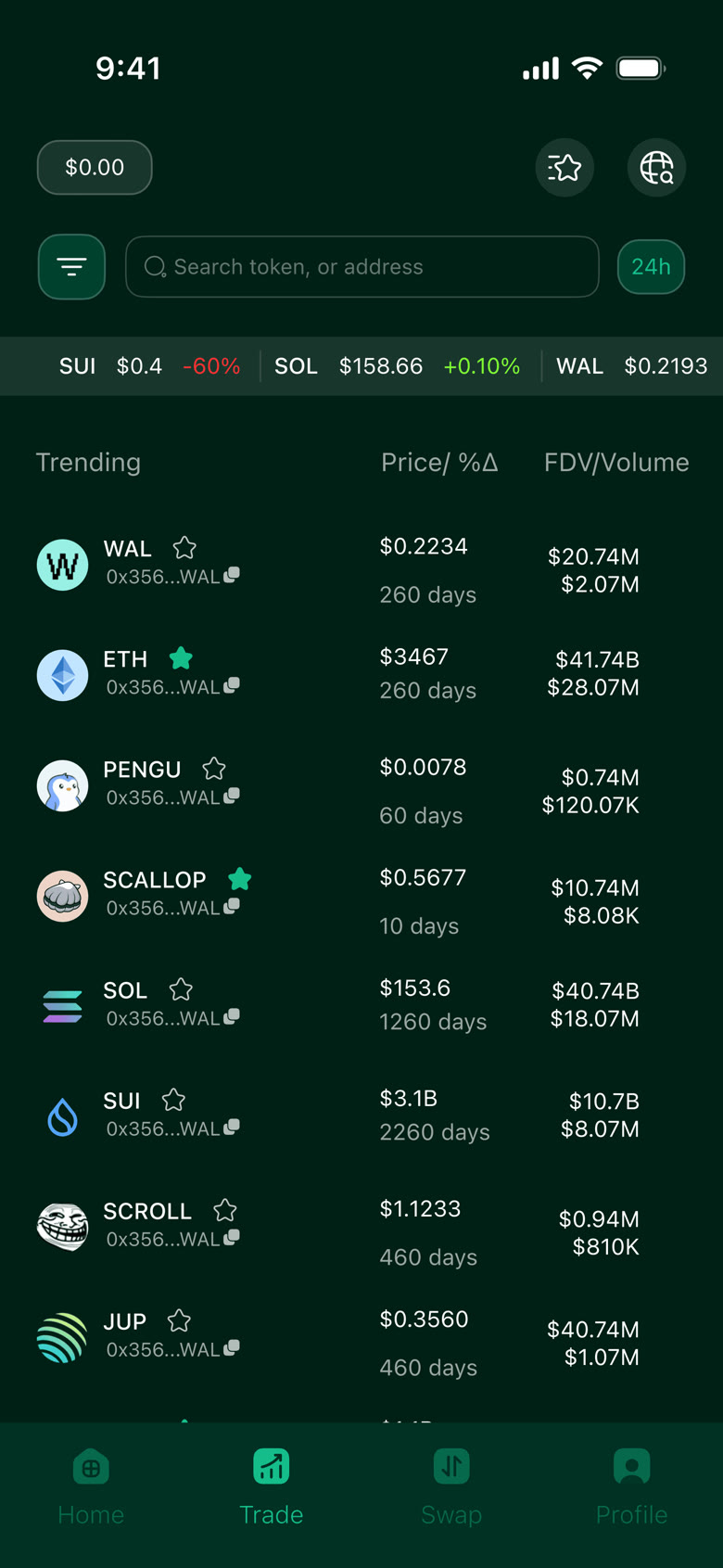 Lydus trade screen listing trending tokens with price, change, FDV and volume