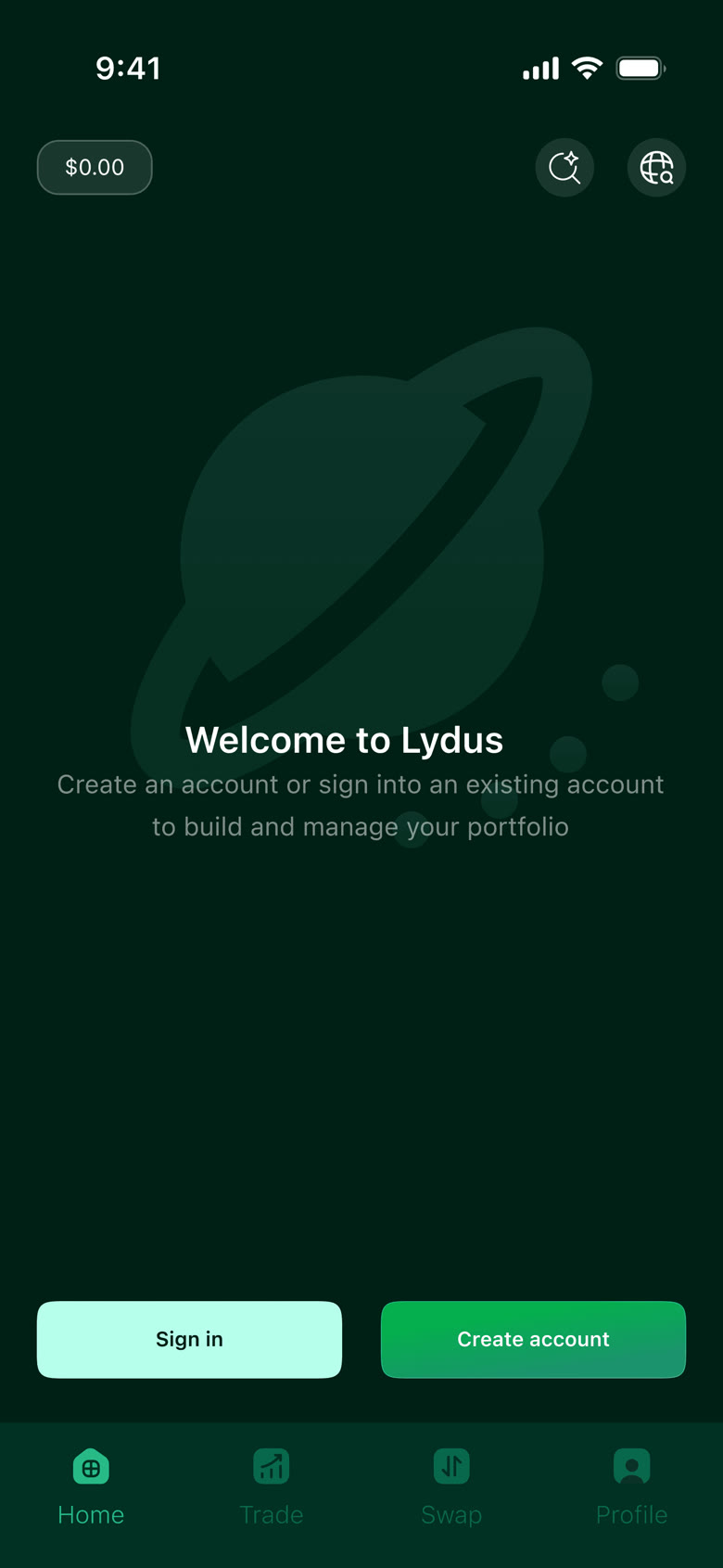 Lydus welcome screen with a planet illustration and sign in or create account options