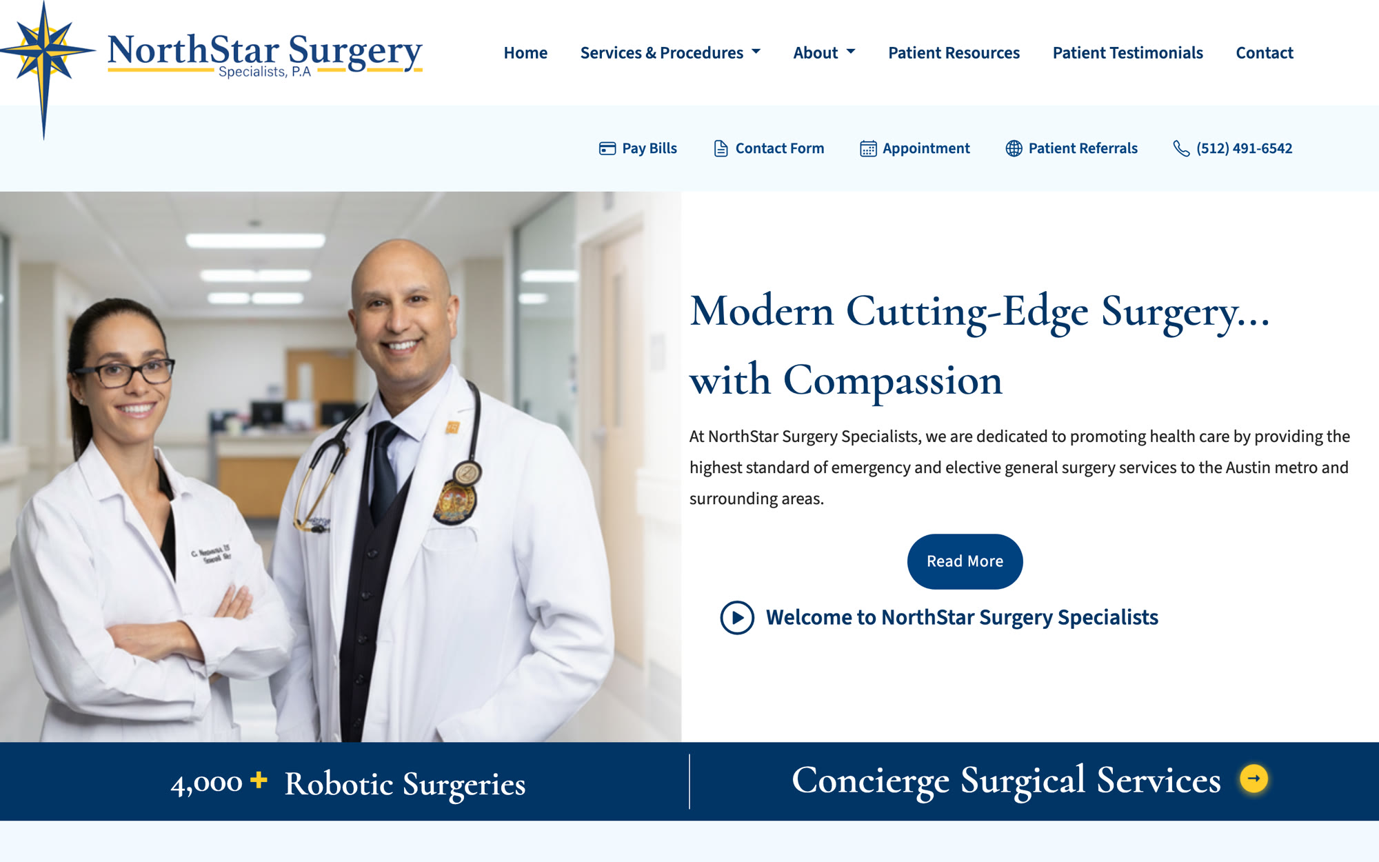 NorthStar Surgery homepage: the two surgeons, the practice's positioning line, and a band showing 4,000+ robotic surgeries