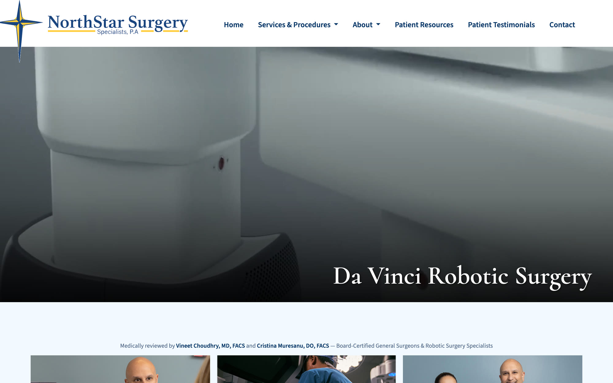 The da Vinci robotic surgery page, with a medically reviewed byline naming both board-certified surgeons above the content