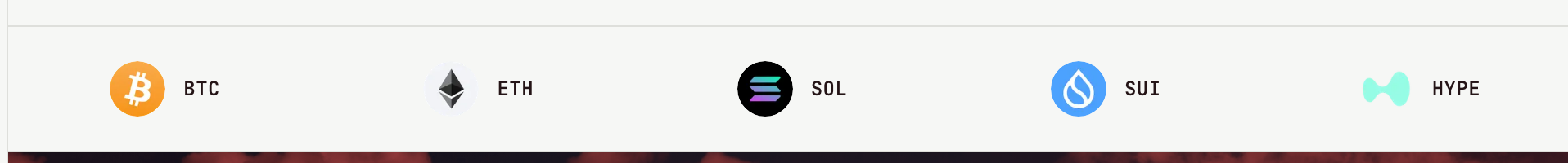 The tradable market set: BTC, ETH, SOL, SUI and HYPE shown with their token marks